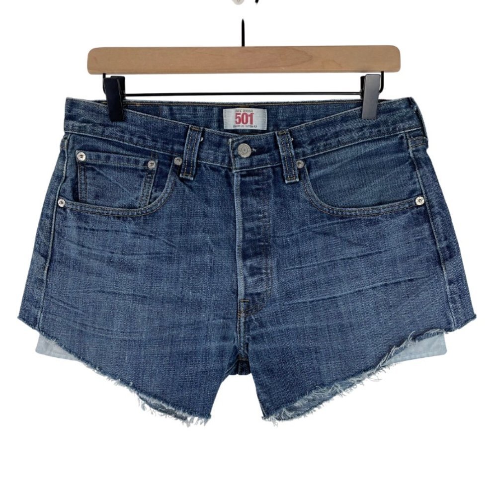 Levis Jean Shorts 30 High Rise Button Fly Raw Hem Cut Off Rigid Denim Casual